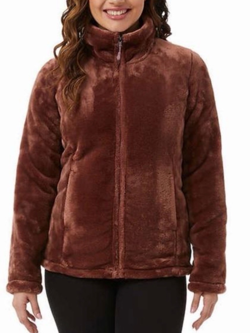 32 Degrees Plush Faux Fur Zip Front Jacket in Brown